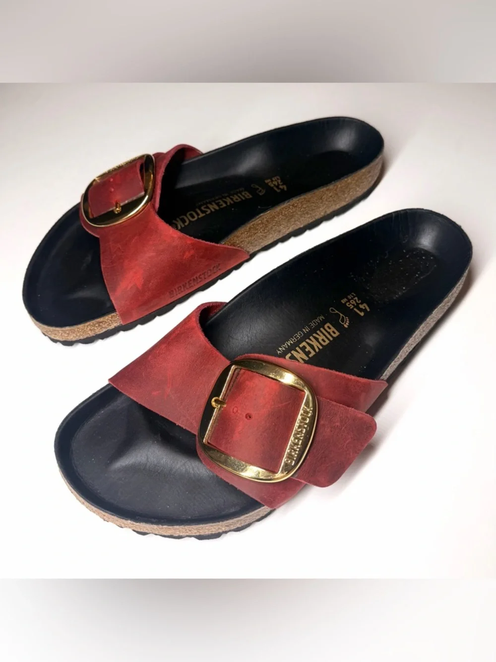 Birkenstock Madrid Red Leather Slide Sandals with Gold Buckles - Picture 5 of 9
